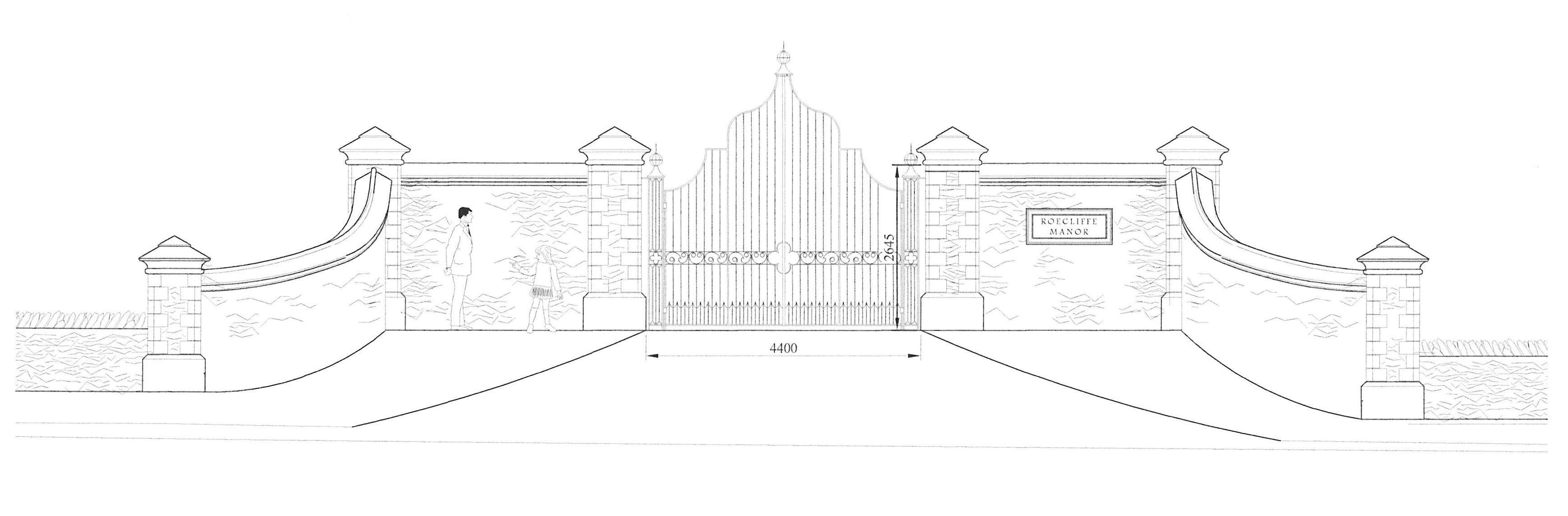 Concept sketch elevation for new entrance gates at Roecliffe Hall by Peter Eustance