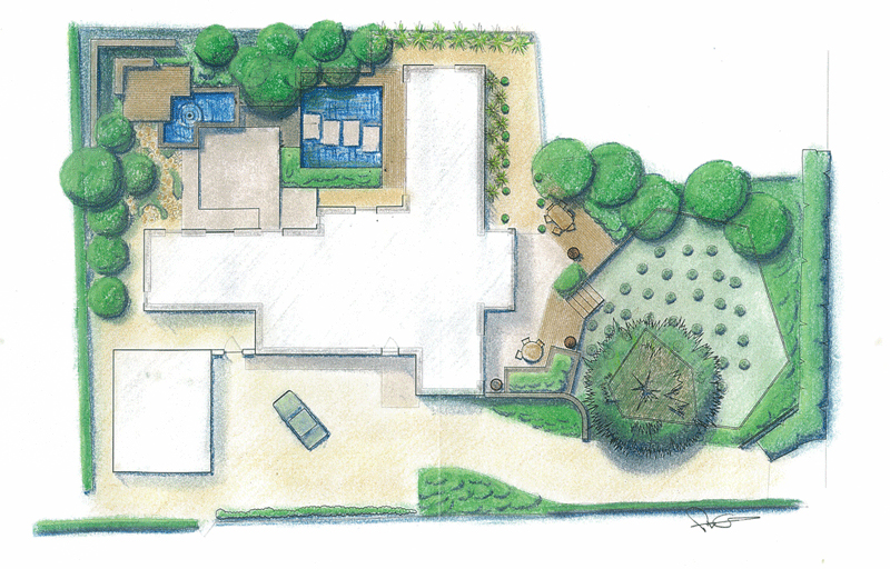 Colour rendered plan for contemporary Cambridgeshire garden designed by Peter Eustance